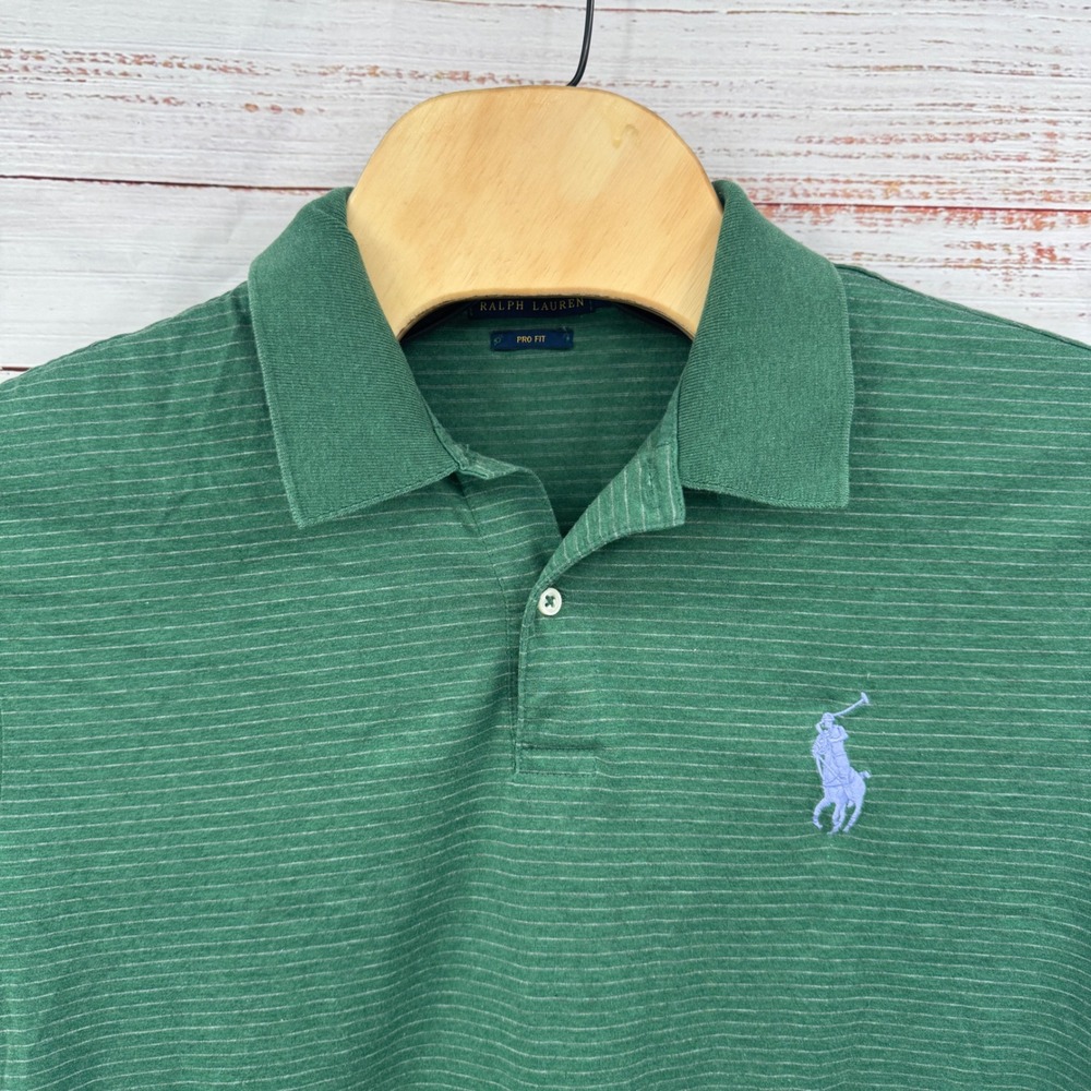 Polo Ralph‎ Lauren Polo Shirt Mens Large Pro Fit Green Striped Short Sleeve Pony